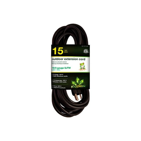 Gogreen SJTW Extension Cord, 16 AWG, Outdoor, 16/3, 1 Outlets, Black, 15 ft GG-13715BK - main